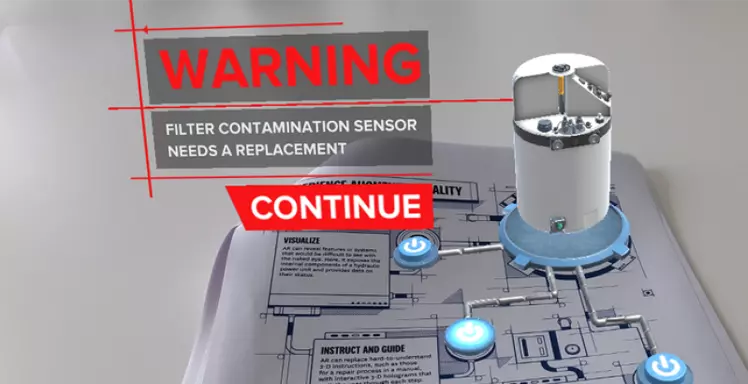 augmented reality representation of a warning for replacing a machine part